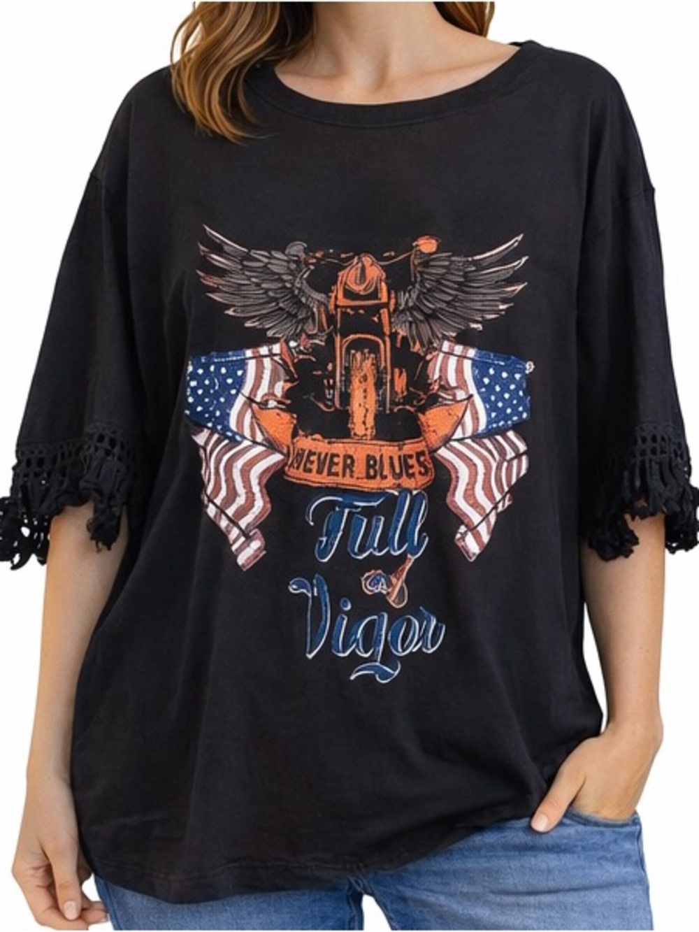 Women’s Plus Size Motorcycle Festival Graphic Top with Fringe Sleeves 3XL